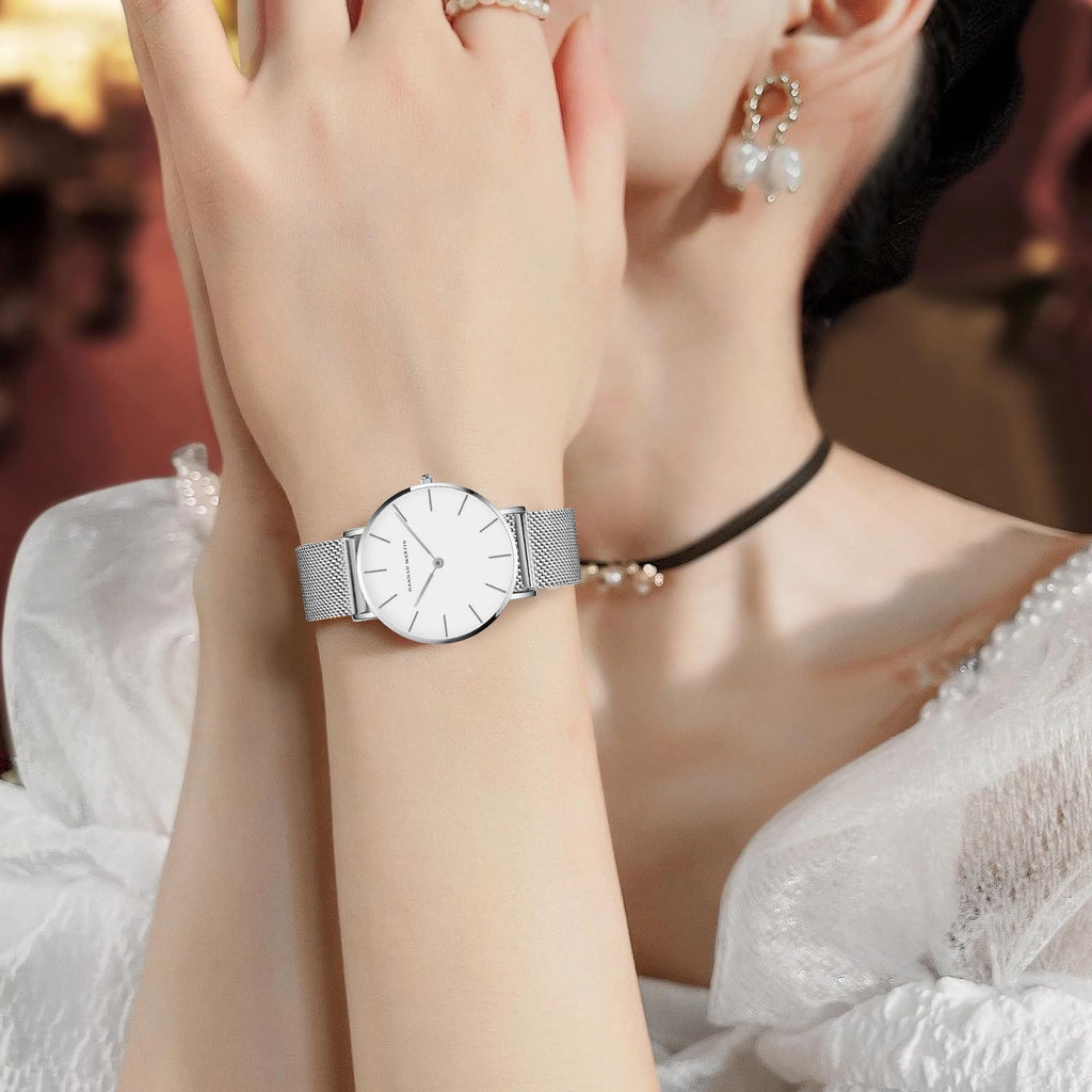 HANNAH MARTIN Watches for Women Analog Women's Watch with Stainless Steel Expansion Band Minimalist Slim Dial 30M Waterproof Ladies Dress Wristwatch for Casual Daily Business