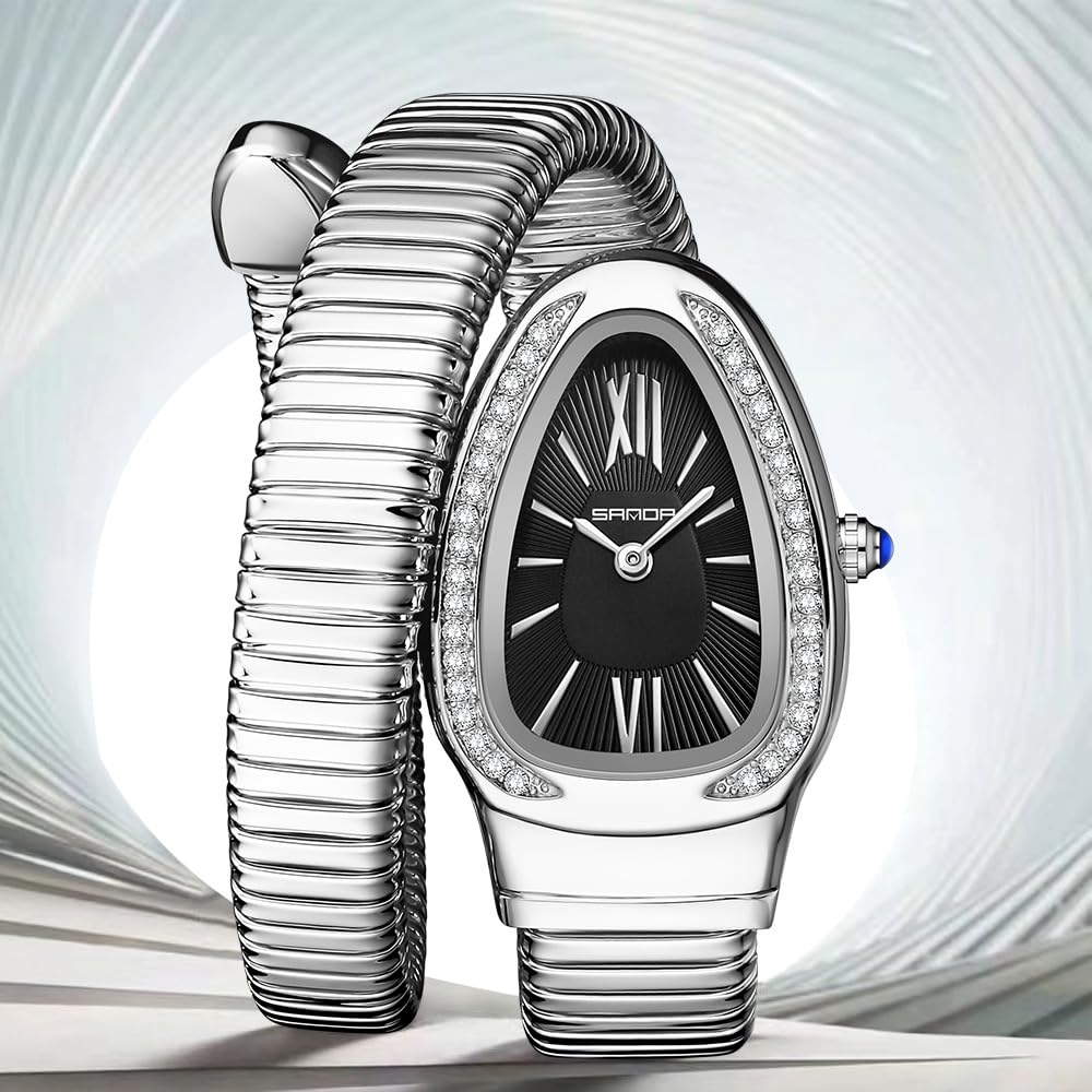 Gosasa Snake Bracelet Watch for Women, Elegant Wrap Around Bangle Wristwatch, Fashion Jewelry Style Quartz Watch, Adjustable Cuff Serpenti Watch for Dress & Gift