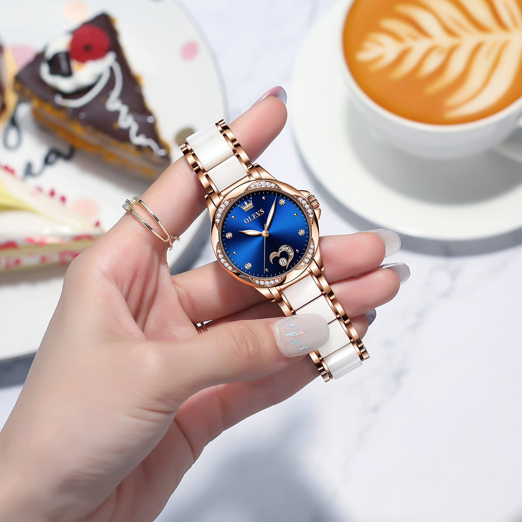 OLEVS Womens Automatic Watch, Premium Large Face Diamond Accented Self Winding Watches for Women, Fashion Waterproof Ladies Dress Watch, Two Tone Stainless Steel Ceramic Bracelet