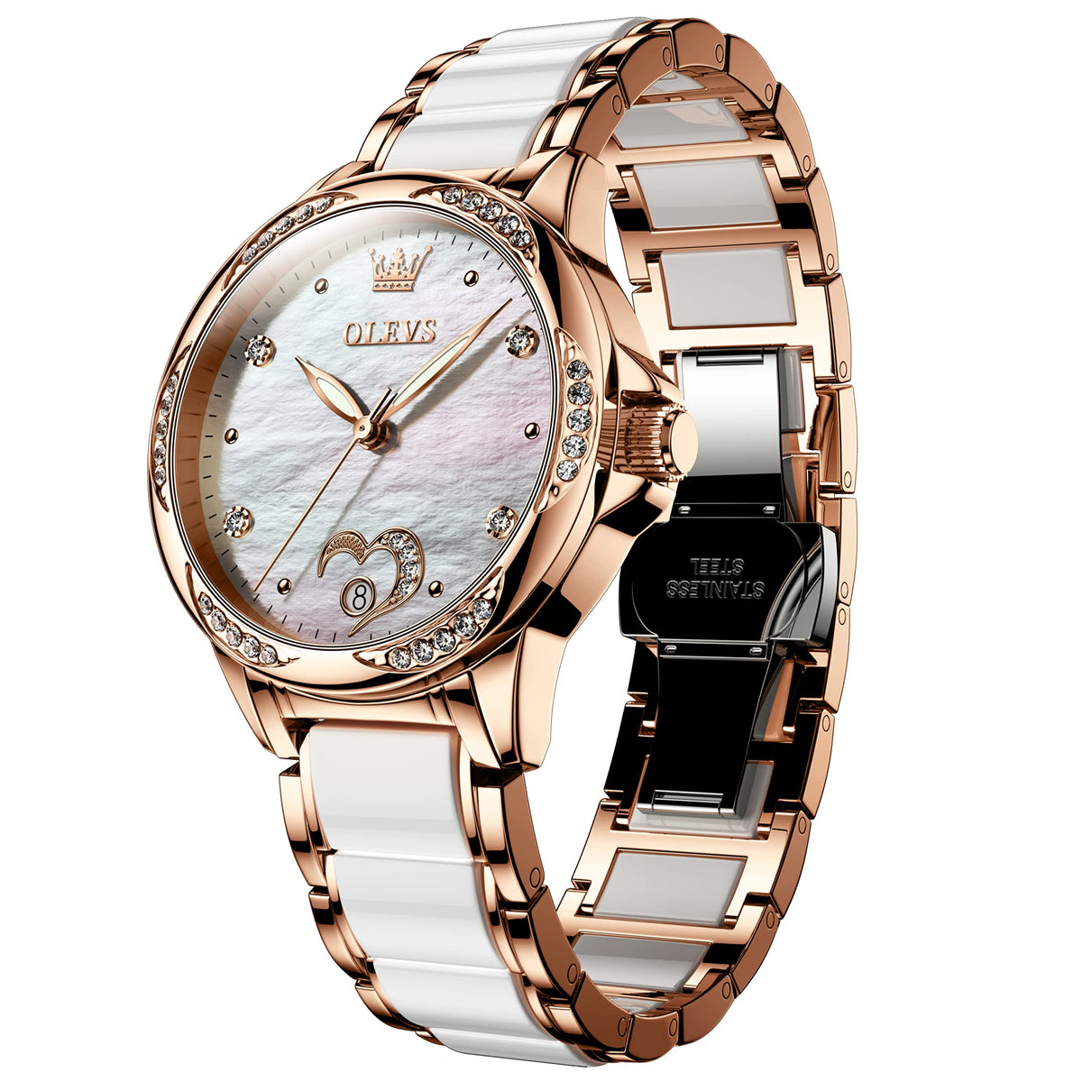 OLEVS Womens Automatic Watch, Premium Large Face Diamond Accented Self Winding Watches for Women, Fashion Waterproof Ladies Dress Watch, Two Tone Stainless Steel Ceramic Bracelet