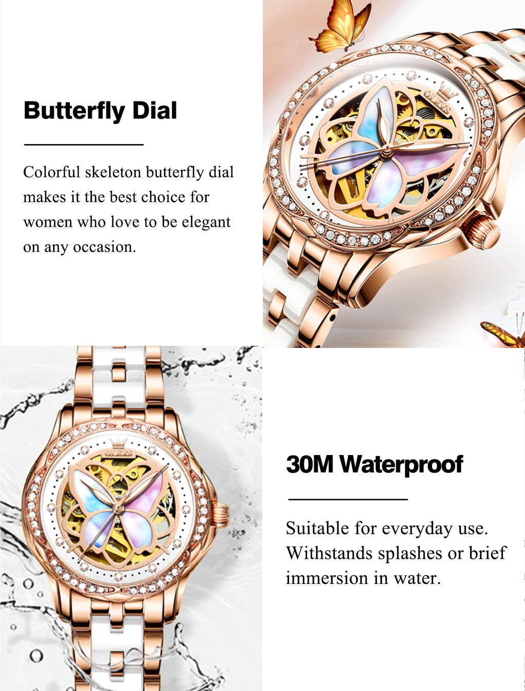 OLEVS Womens Automatic Watch, Premium Large Face Diamond Accented Self Winding Watches for Women, Fashion Waterproof Ladies Dress Watch, Two Tone Stainless Steel Ceramic Bracelet