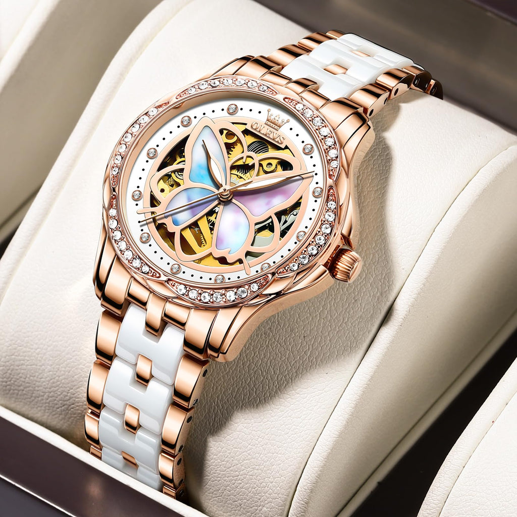 OLEVS Womens Automatic Watch, Premium Large Face Diamond Accented Self Winding Watches for Women, Fashion Waterproof Ladies Dress Watch, Two Tone Stainless Steel Ceramic Bracelet