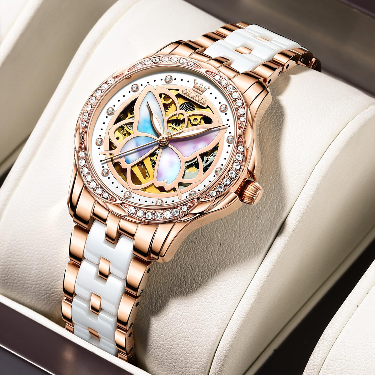 OLEVS Womens Automatic Watch, Premium Large Face Diamond Accented Self Winding Watches for Women, Fashion Waterproof Ladies Dress Watch, Two Tone Stainless Steel Ceramic Bracelet
