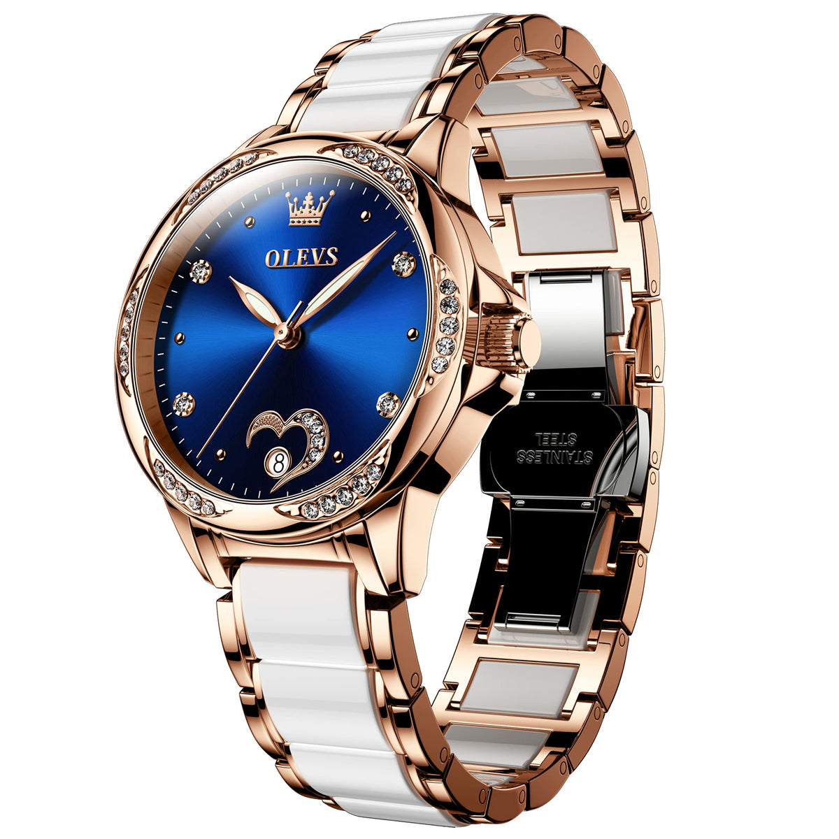 OLEVS Womens Automatic Watch, Premium Large Face Diamond Accented Self Winding Watches for Women, Fashion Waterproof Ladies Dress Watch, Two Tone Stainless Steel Ceramic Bracelet