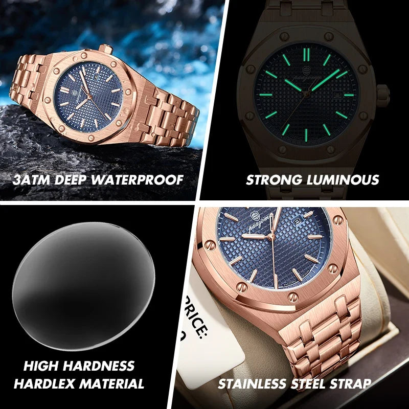 PAAZOMU High Quality Original Men Clock Waterproof Luminous Date Luxury Man Watch Stainless Steel Quartz Men's Watches Male+Box