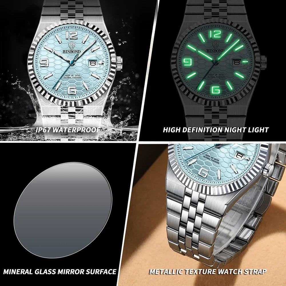 BINBOND High Quality Original Men Clock Waterproof Luminous Date Luxury Man Watch Stainless Steel Quartz Men's Watches Male