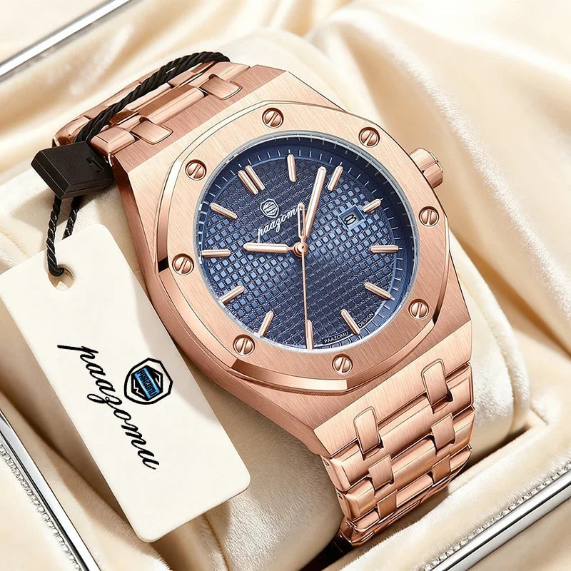 PAAZOMU High Quality Original Men Clock Waterproof Luminous Date Luxury Man Watch Stainless Steel Quartz Men's Watches Male+Box