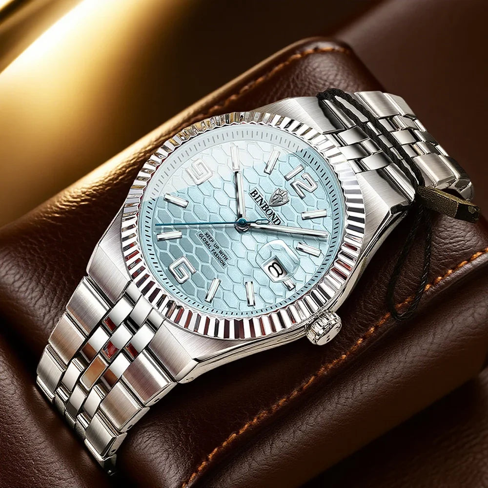 BINBOND High Quality Original Men Clock Waterproof Luminous Date Luxury Man Watch Stainless Steel Quartz Men's Watches Male