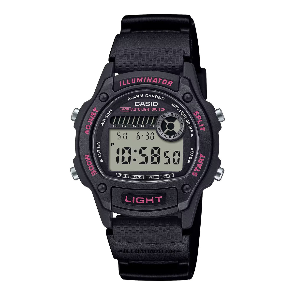 Casio Men’s Black Digital Watch with Gray Dial and Pink Accents - W-220H-1A2V